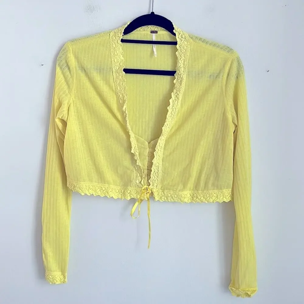 Free People Third Date ribbed long sleeve crochet lace boho festival crop top